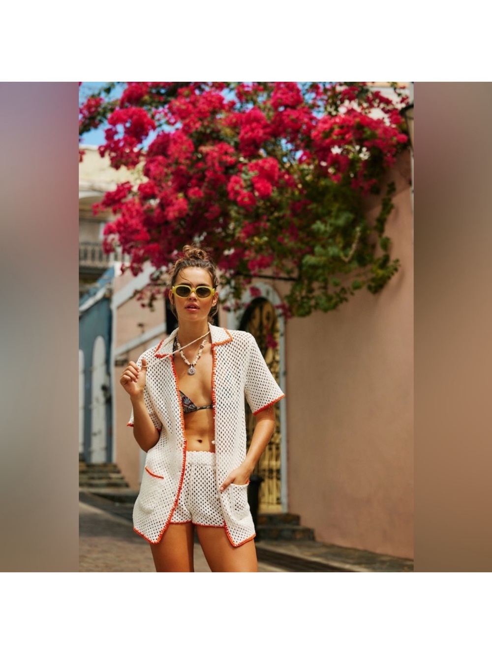 Free People Beach Cabana Set White Crochet Short with Red Trim Ivory Combo SZ S